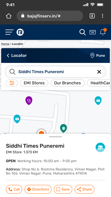 Store card with Call, Directions, Save and Share at equal weight