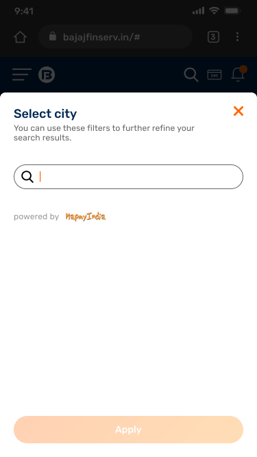 Blocking Select city modal with a disabled Apply button